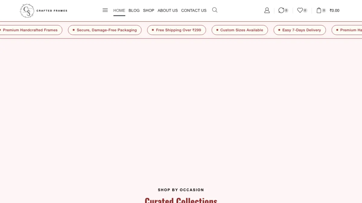Craftedframes website homepage — Gifts site built by Ritesh Kumar Giri