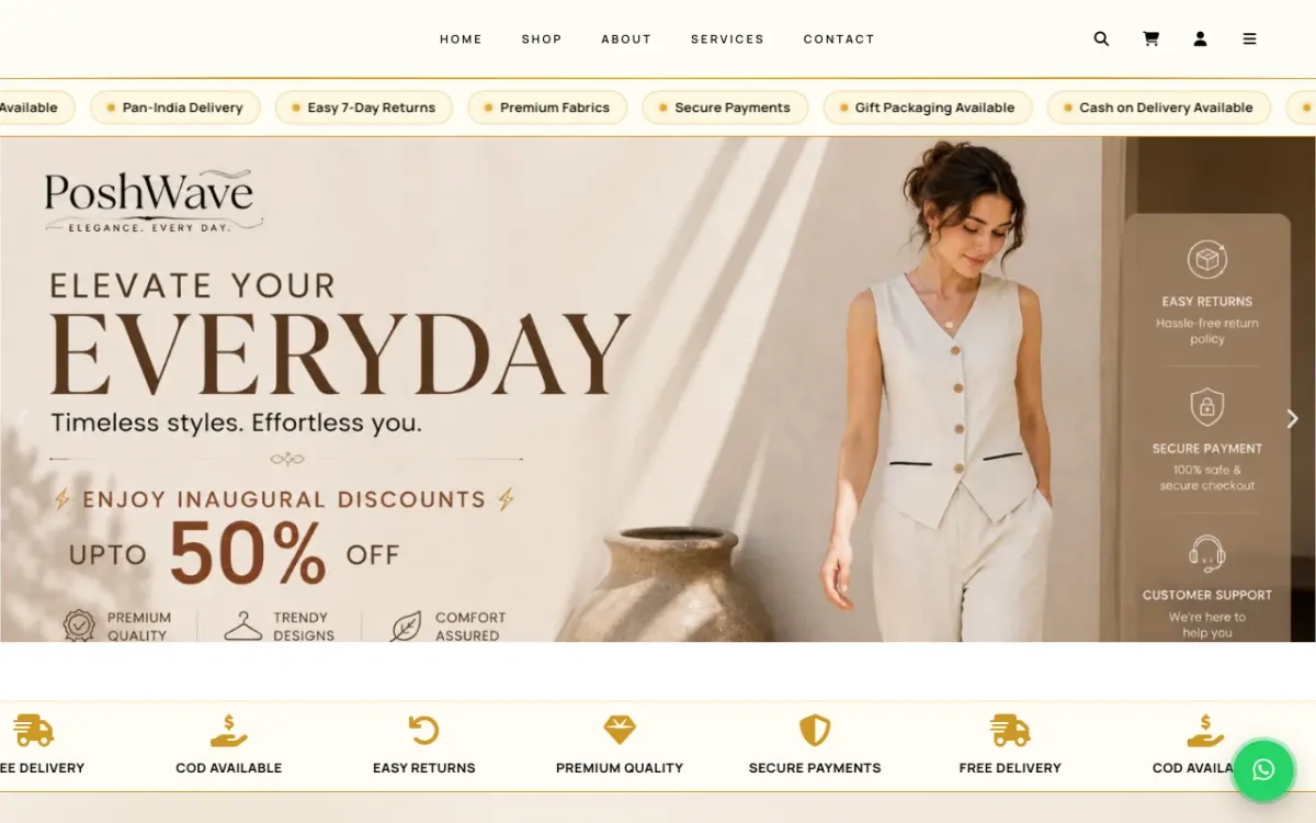 PoshWave website homepage — Fashion & Clothing site built by Ritesh Kumar Giri