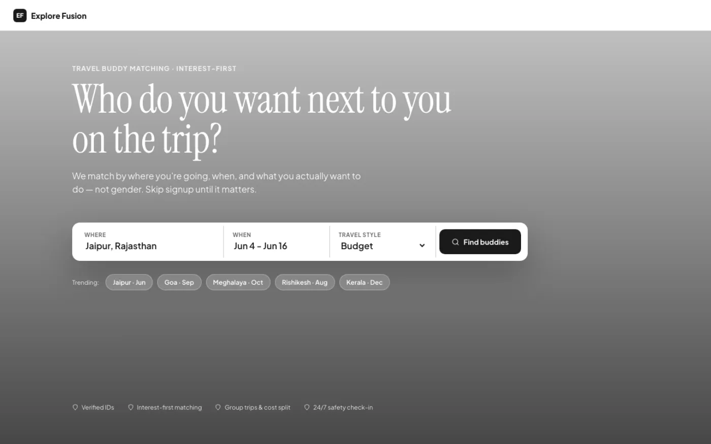 Explore Fusion travel app landing page with AI trip planning
