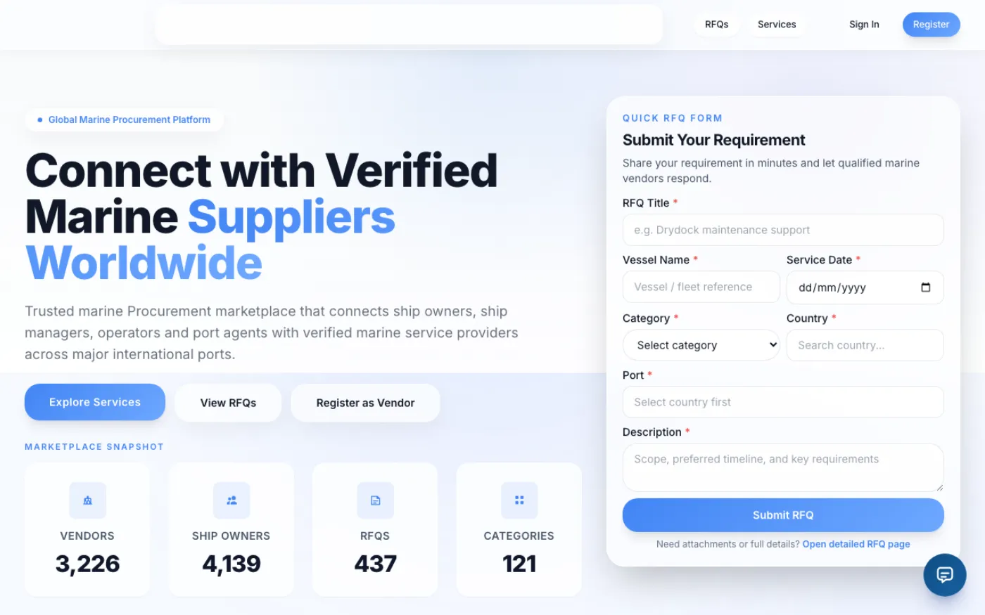 MariBiz marketplace homepage showing the quick RFQ form and vendor counts