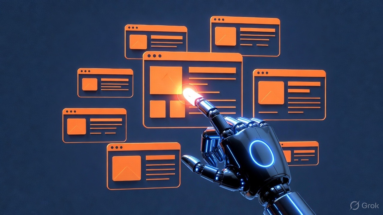 Robot hand clicking through browser windows representing AI agent browsers