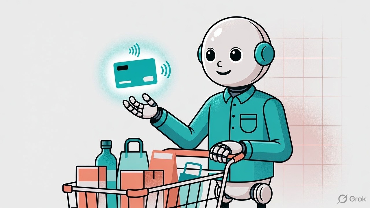 Robot pushing a shopping cart representing agentic commerce