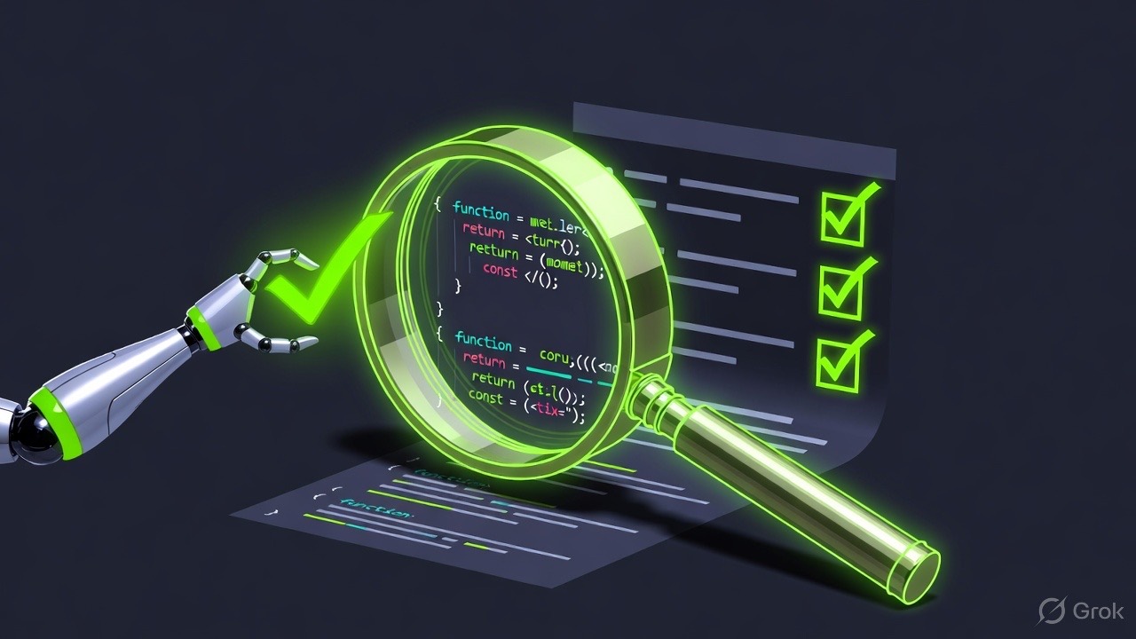 Robot hand with magnifying glass checking code representing AI code review