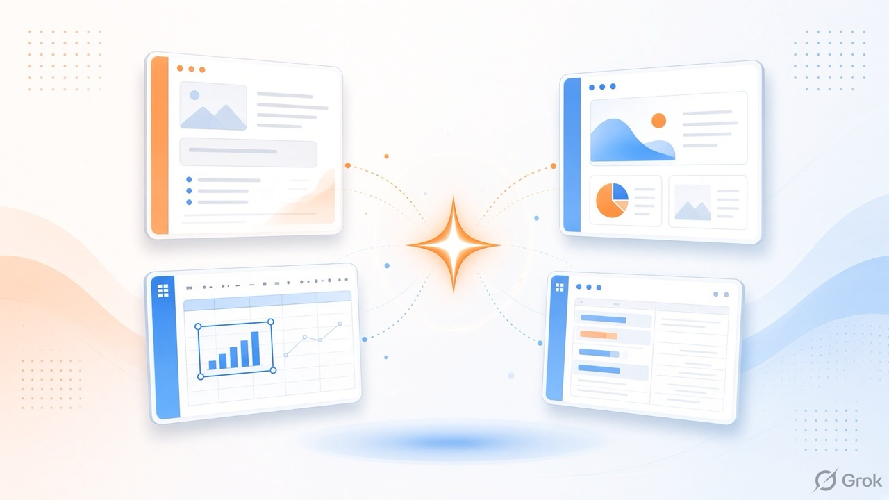 Document, chart and slide cards with an AI sparkle representing Claude in Google Workspace