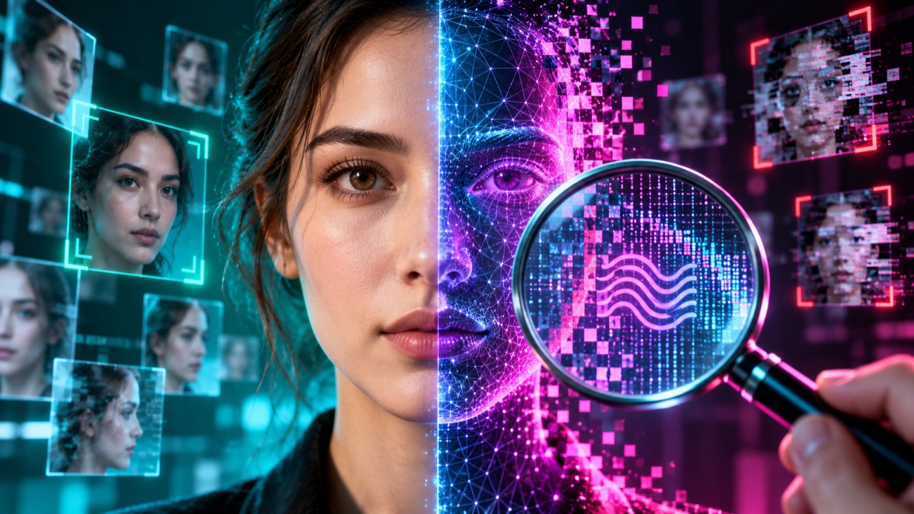 Magnifier and shield representing deepfake detection and AI watermarking