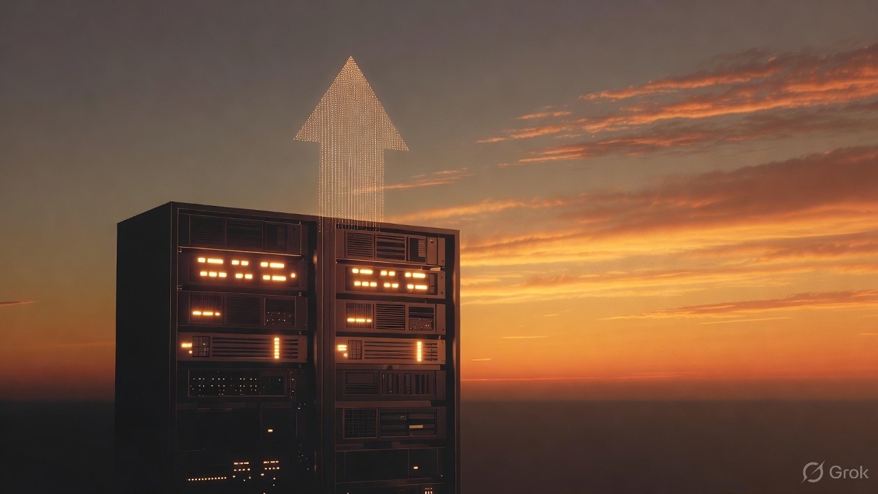 Server at sunset with an upward arrow representing the Node.js 24 LTS transition