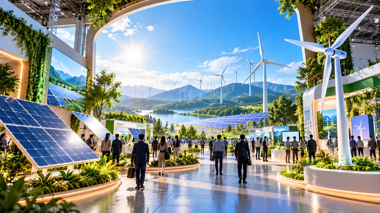 Clean energy expo hall representing Renewable Energy India Expo 2026