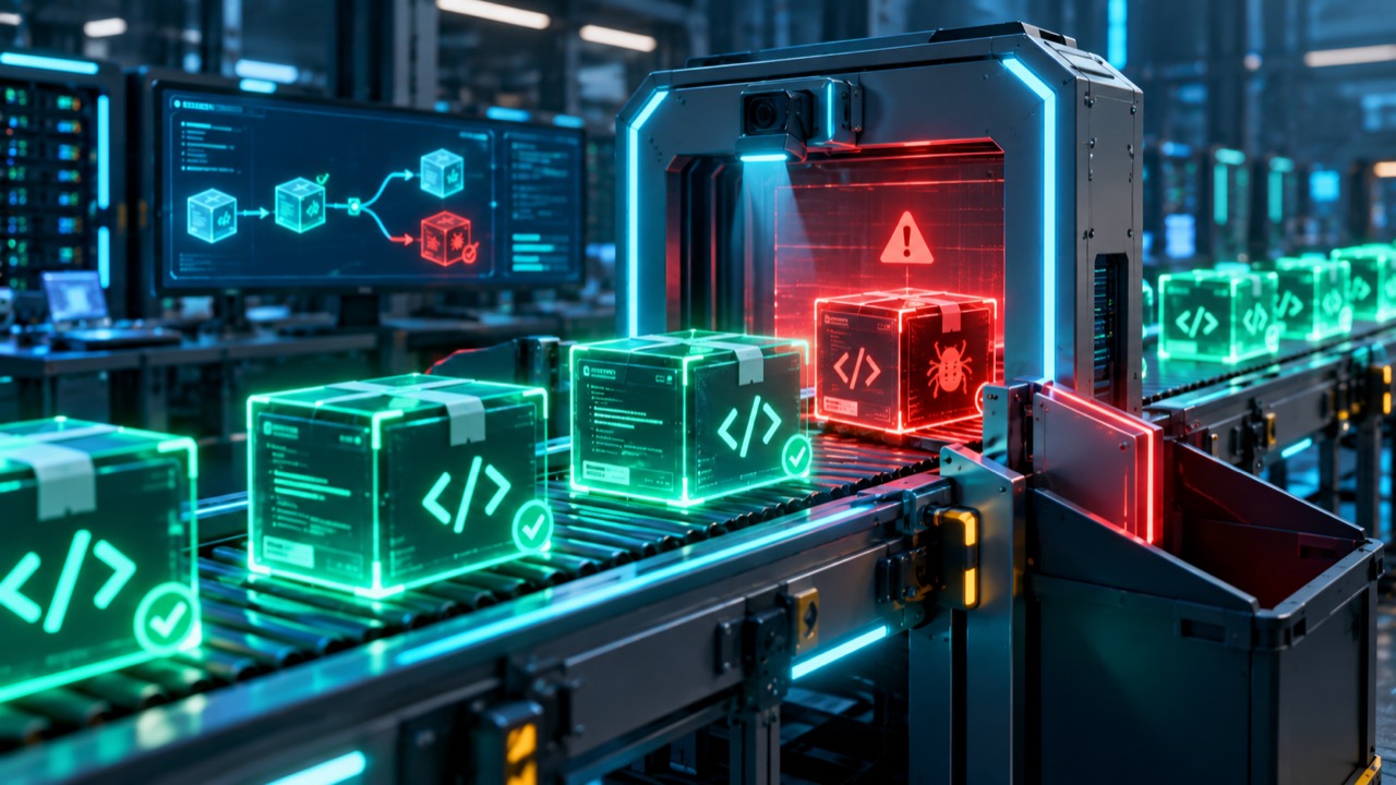 Server racks and code representing software supply chain security